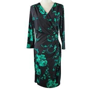 Ralph Lauren Green Black Floral Print Women's Midi Dress Size 14 Large